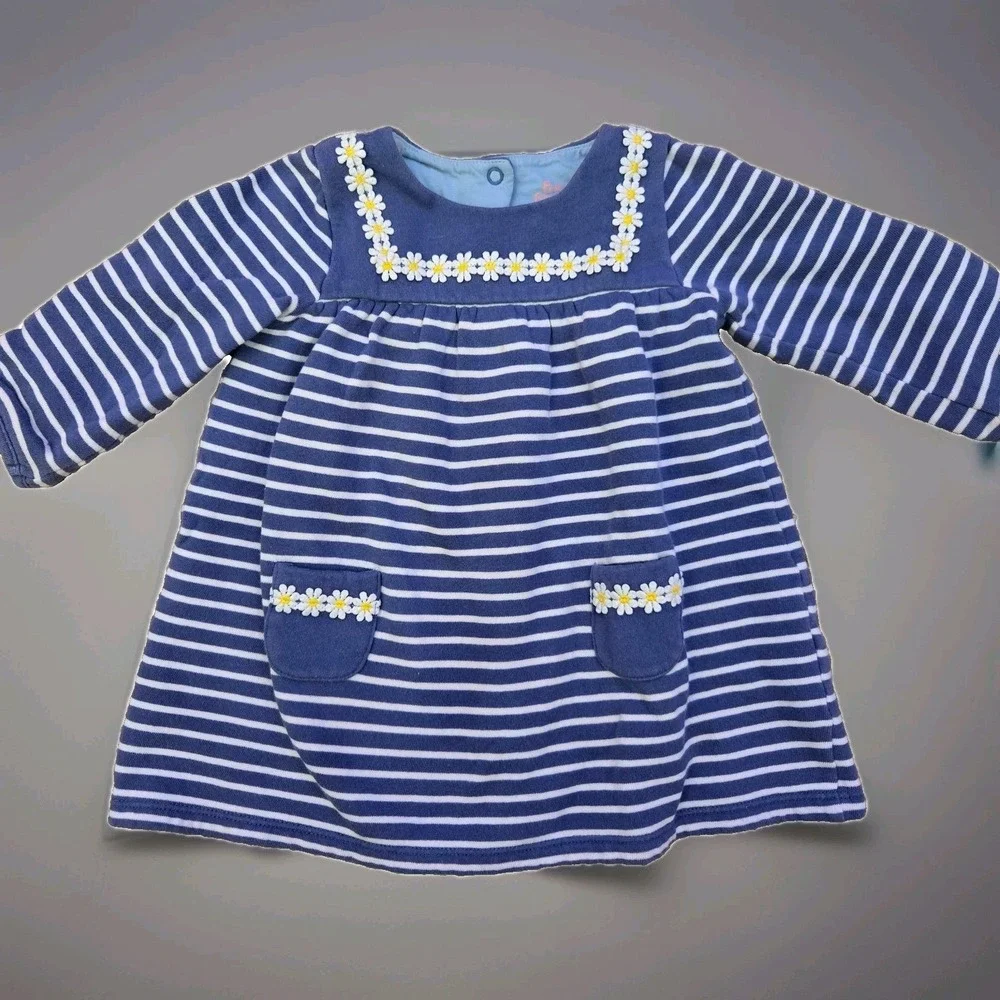 Baby Boden Blue/White Stripe Daisy Trimmed Sweatshirt Dress Size 6-12‎ months